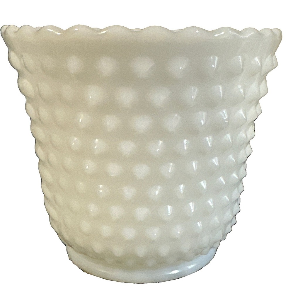 Vintage Milk Glass Hobnail Planter Fire King Scalloped Edges, Excellent Cond